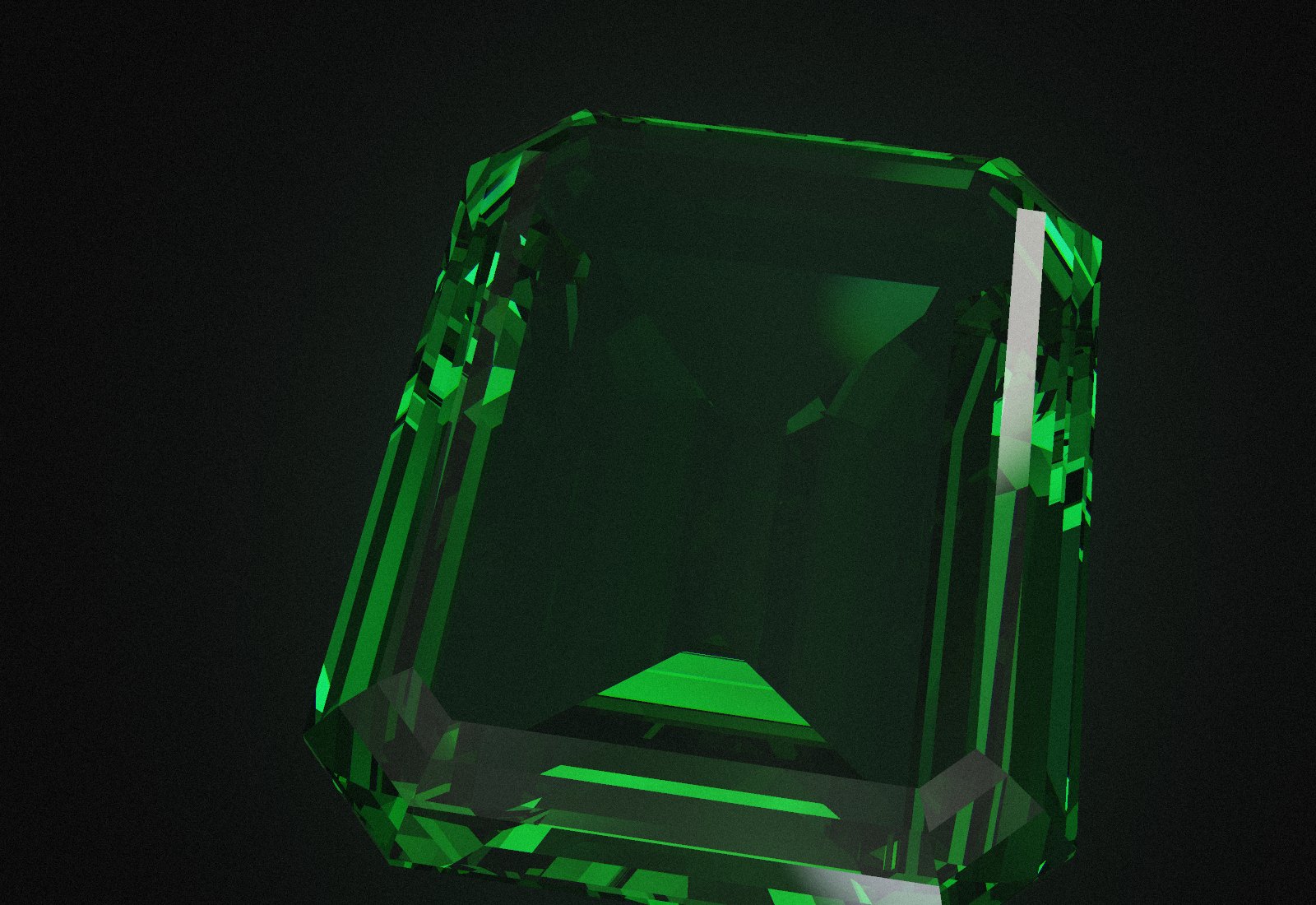 Emerald-cut green gemstone, macro view